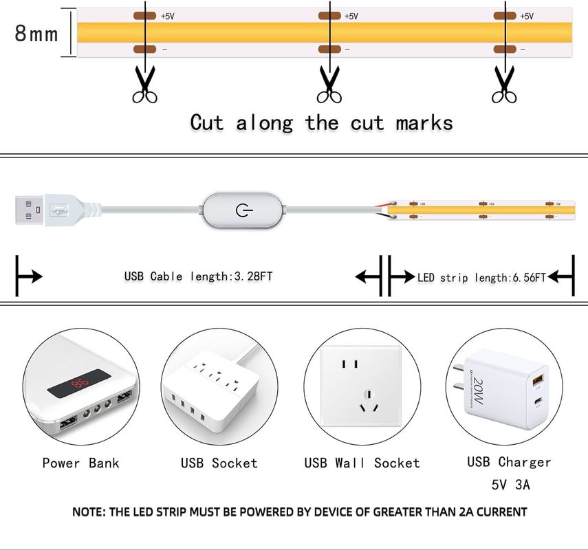 โฮงท็อป COB Led Strip Lights 5V USB 6.56ft/2m 640LEDs ทัชไร้ขั้นตอน ปรับความสว่าง 6000K ขาว 13W