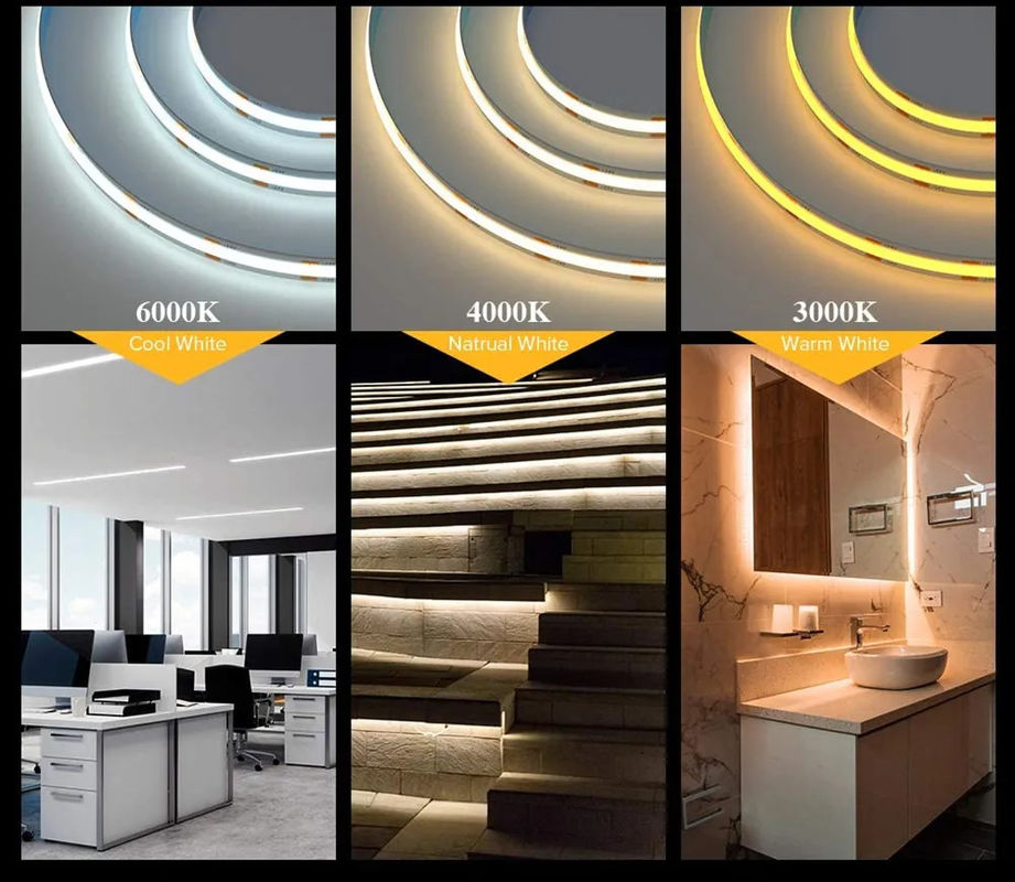 ขายร้อน 480LEDs 12W / M ปรับความดัน IP20 90Ra COB LED Strip 12V / 24V ความดันการเข้า