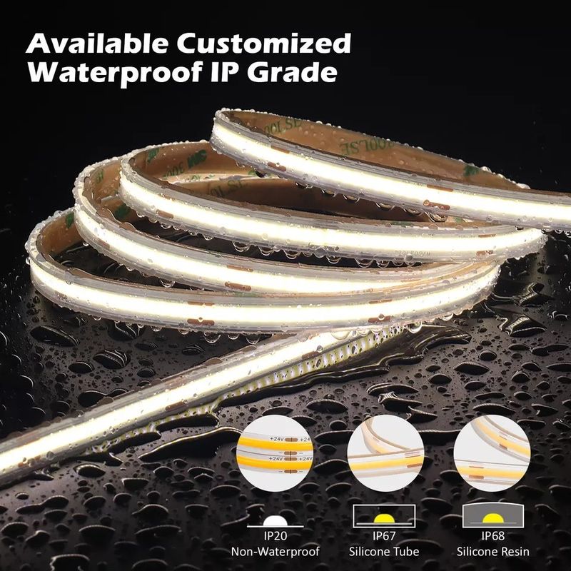 12V 24V กันน้ํา IP65 IP67 IP68 CRI90 ปรับความลับ 5M Flexible COB LED Strip สําหรับภายในภายนอก