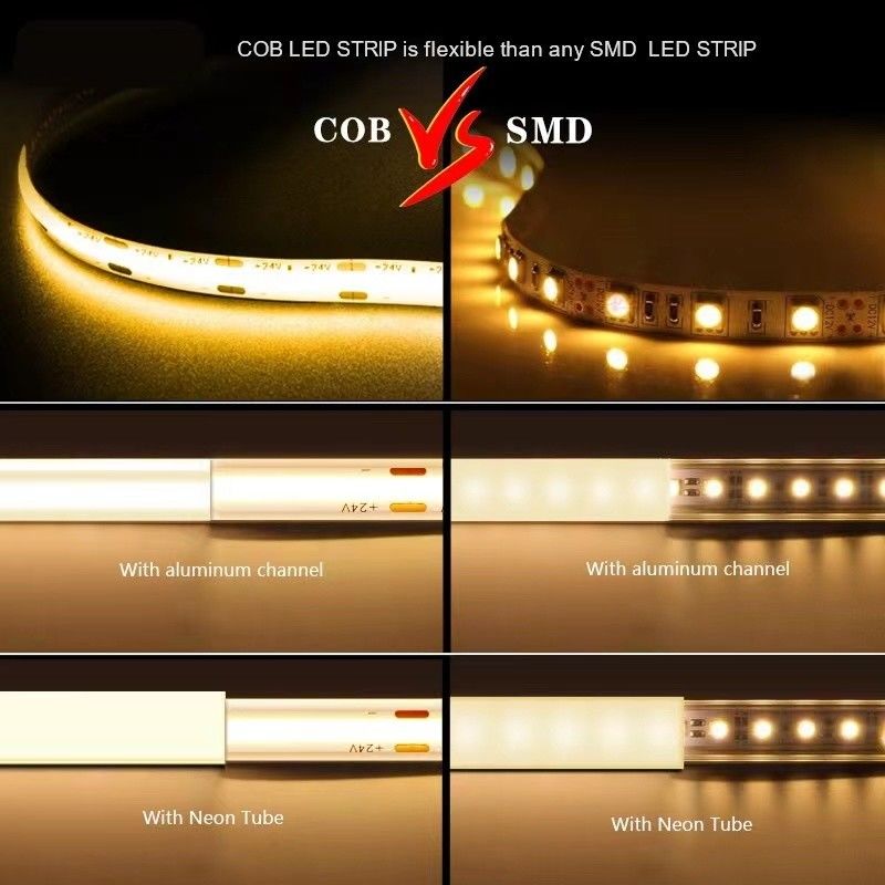 12V 24V กันน้ํา IP65 IP67 IP68 CRI90 ปรับความลับ 5M Flexible COB LED Strip สําหรับภายในภายนอก