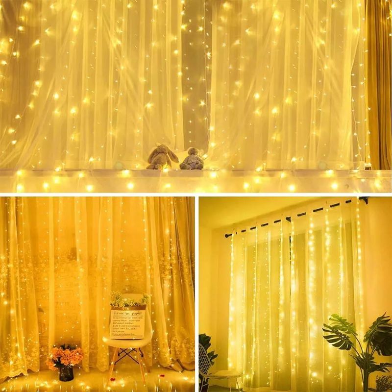 3500K Warm White LED Curtain Light สําหรับตกแต่งห้องนอน 3x2.4m 240d USB Power Modes