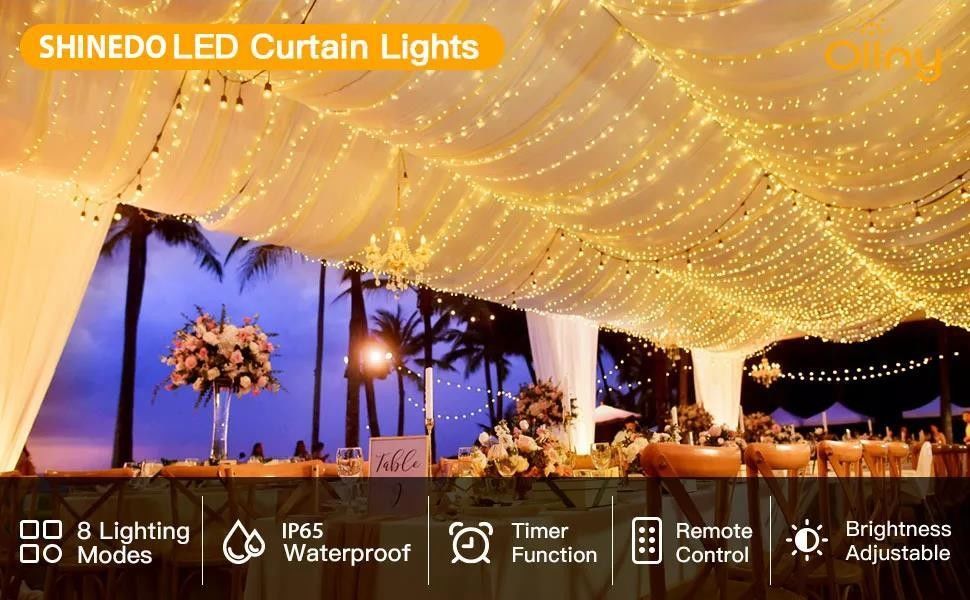 3500K Warm White LED Curtain Light สําหรับตกแต่งห้องนอน 3x2.4m 240d USB Power Modes