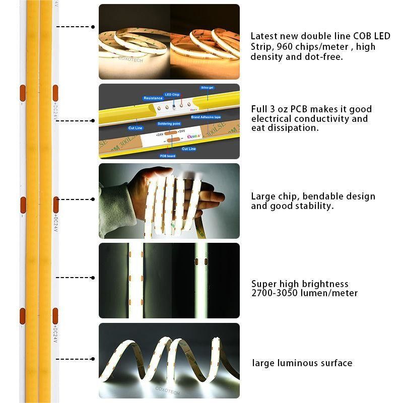 10m/roll Double Lines 600 leds 12v 24v Ra80 12mm โฟกเซบอล COB LED แสงสตรีปยาง