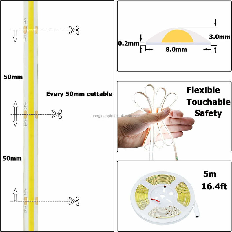 ไม่มีความดันลด COB สาย LED DC24V CRI90 312LEDs / m 10 เมตร เวลาทํางาน 30000 ชั่วโมง