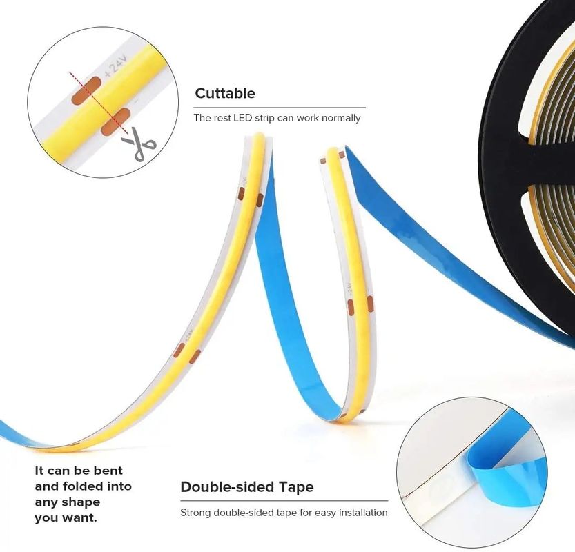 ไฟสว่างสูง 1000lm COB LED Strip Light สําหรับ 12V 24V โซลูชั่นแสงยืดหยุ่น