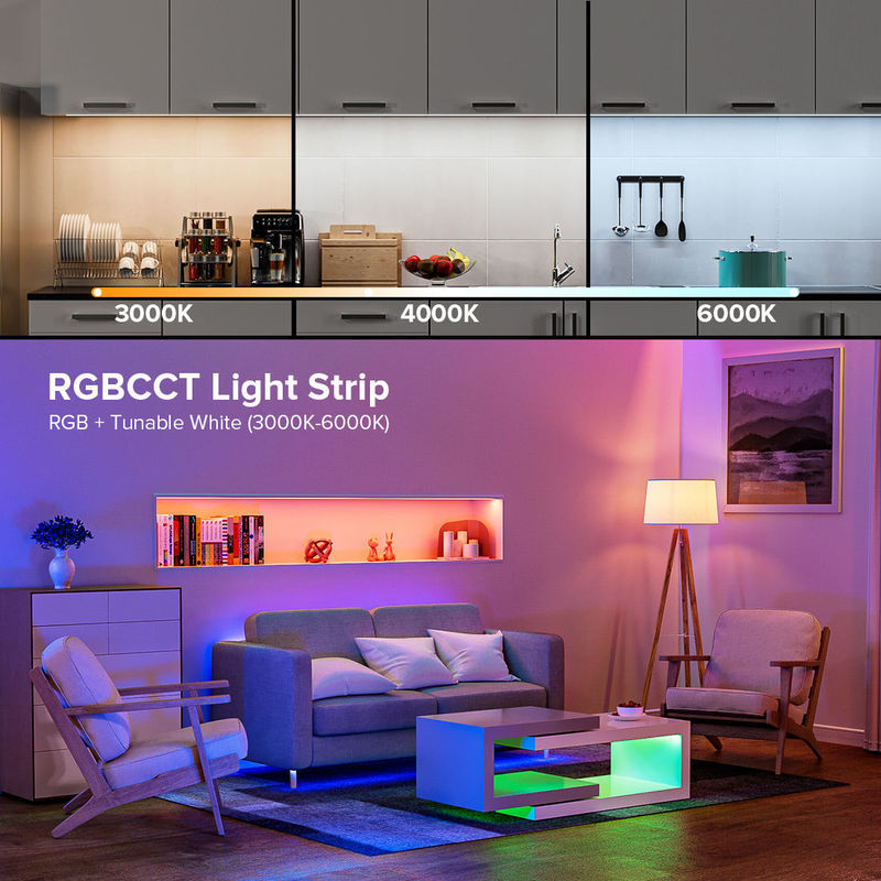 50000 ชั่วโมง อายุการใช้งาน RGBCCT COB LED Strip Light สําหรับห้องนั่งเล่นและห้องนอน